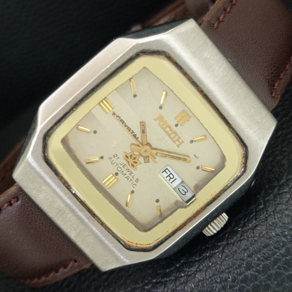 Vintage 1979 Ricoh Automatic Mens Silver Watch W/daydate & Gold accents